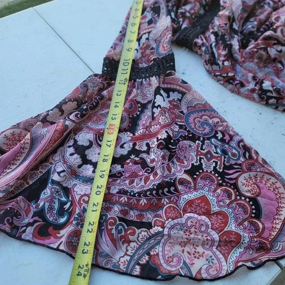 Forever 21 Black Pink Sheer Floral Long Flare Sleeve Mini Dress V-Neck Sz L - Picture 10 of 14